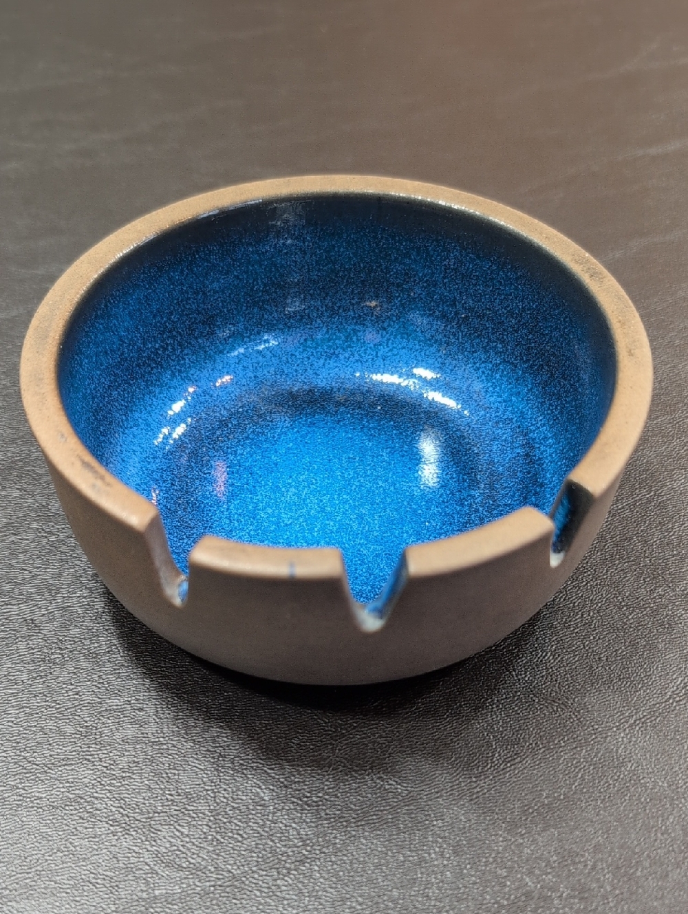 Vintage MCM Heath Ceramics Electric Blue Glazed 3 Slot Ashtray. 4.75" Diameter